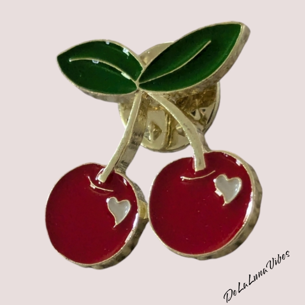 3/$12 NEW Sweetheart Cherry Enamel Pin. Red with Hearts.